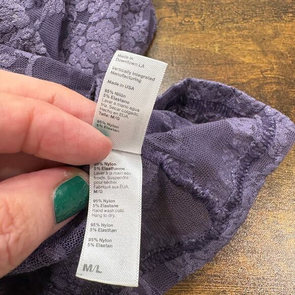 American Apparel M/L Bodycon Dress Vintage Purple Floral Lace Mesh Sheer Stretch - Picture 10 of 13
